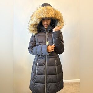 Susan Graver Dark Brown Puffer Coat with Faux Fur Hood